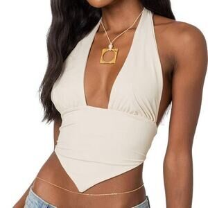 Edikted Top Women Small Open Back Triangle Halter Top Tan